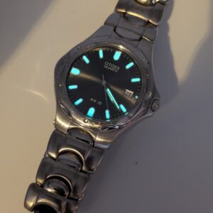 Vintage Citizen Quartz WR50 Men's Sport Watch | Black Sunburst Dial | Luminous Markers | Date | Sculpted Bracelet | Pre-Owned