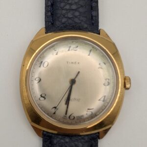 Vintage Timex Electric Watch | Gold-Tone Cushion Case | 1970s | Navy Leather Strap | Pre-Owned