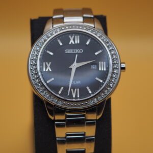 Seiko Solar V137-0BS0 | Dark Blue Dial | Crystal Bezel | Ladies Dress Watch | Pre-Owned